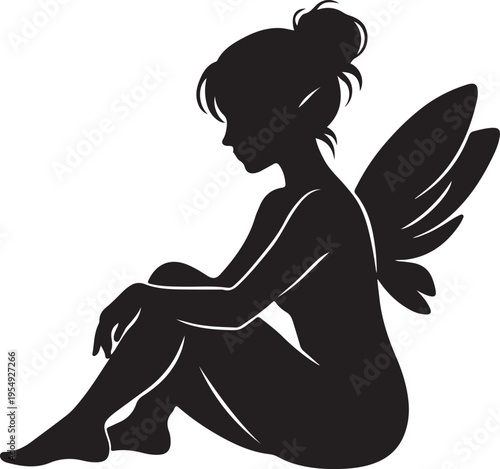 Elegant Silhouette of a Sitting Fairy Girl with Wings Isolated on White Background