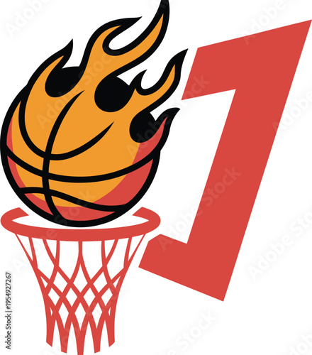 Flaming basketball going through hoop with number one  sports illustration