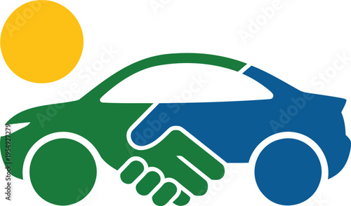 Handshake between green and blue car with yellow sun overhead symbolizing eco friendly automotive partnership