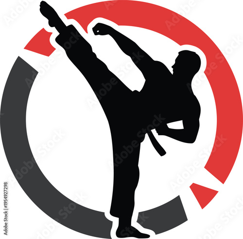 Silhouette of a person kicking high in a circular design with red and grey segments