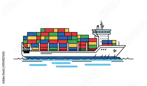 Cargo Container Ship Vector Illustration Side View Water Transport