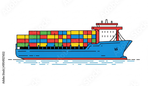 Cargo Container Ship Vector Illustration Side View Water Transport