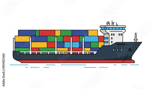Cargo Container Ship Vector Illustration Side View Water Transport