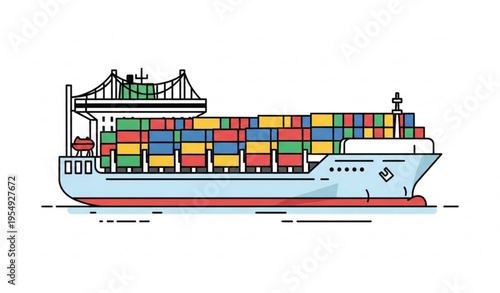 Cargo Container Ship Vector Illustration Side View Water Transport