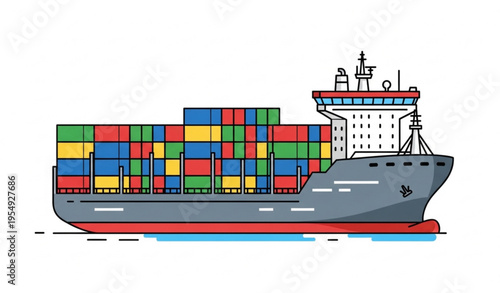 Cargo Container Ship Vector Illustration Side View Water Transport