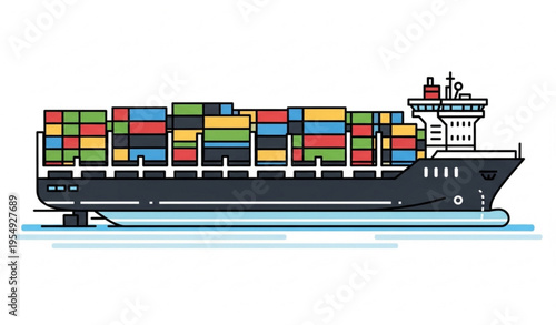 Cargo Container Ship Vector Illustration Side View Water Transport