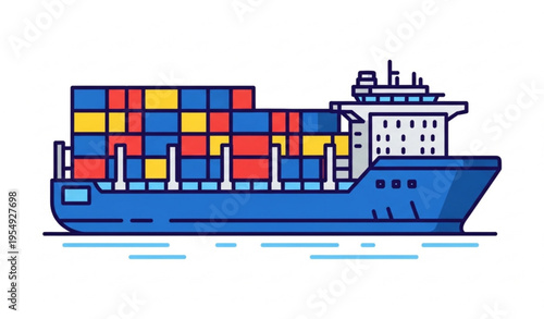 Cargo Container Ship Vector Illustration Side View Water Transport