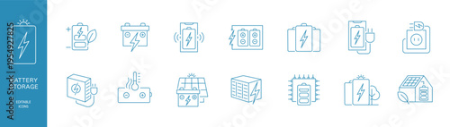 Battery storage, and energy grid line icons solar power, smart meter, and renewable energy management