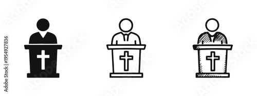 Preacher or Speaker at Podium with Christian Cross Icon Set for Sermon and Worship