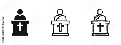Preacher or Speaker at Podium with Christian Cross Icon Set for Sermon and Worship