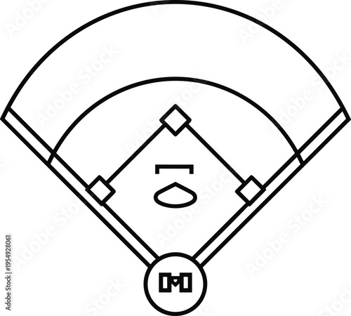 Baseball field diagram line art illustration, sport diamond layout, stadium field design outline, athletic concept, cad drawing flat vector illustration