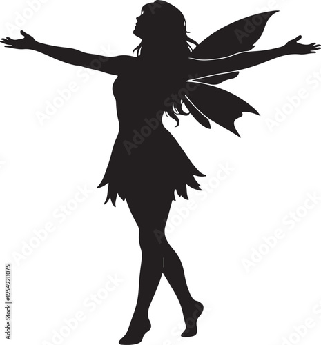 Black silhouette of a mythical fairy woman with open arms and wings isolated on a white background