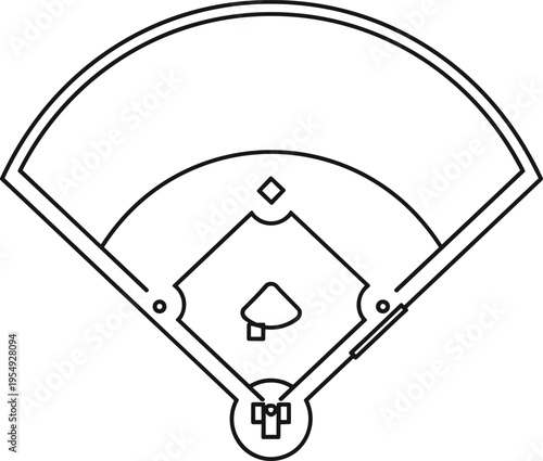 Baseball field line art illustration, sport stadium diamond layout, game field outline design, athletic concept, cad drawing flat vector illustration