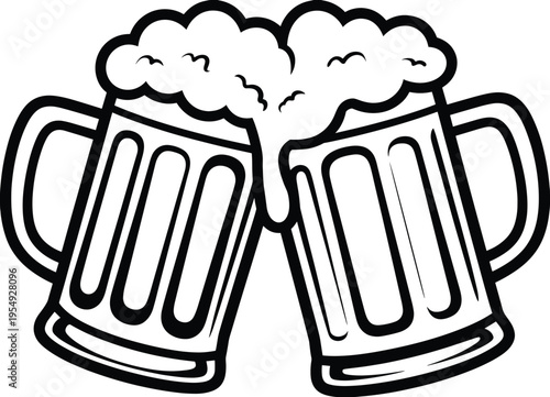 Cheers beer mugs clinking illustration, frothy glass toast symbol, Oktoberfest celebration icon, alcohol drink concept, cad drawing flat vector illustration