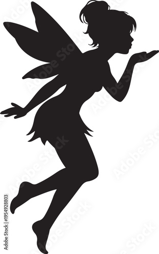 Black Silhouette of a Cute Fairy Pixie Flying and Blowing Magic Dust Isolated on White Background