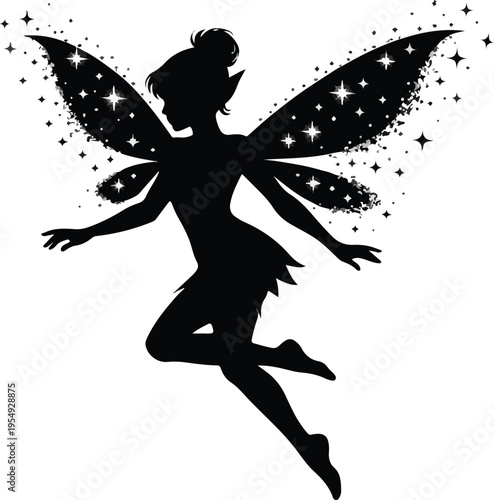 Black Fairy Silhouette with Sparkling Magic Dust Wings Isolated on White Background