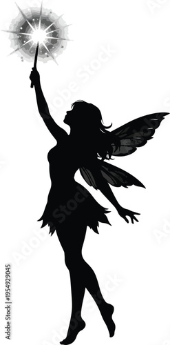 Silhouette of a Beautiful Fairy Holding a Glowing Magic Wand with Butterfly Wings Isolated on White