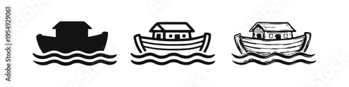 Noah's Ark icon set, Biblical boat symbol with waves vector illustrations in various styles