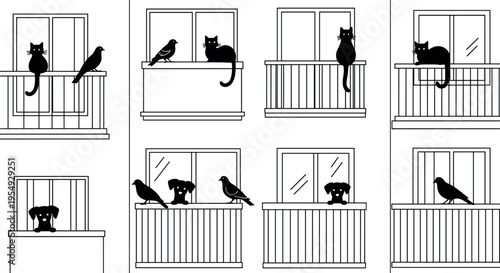 Collection of cat and bird silhouettes sitting on apartment balcony windows urban pet life scene vector illustration set