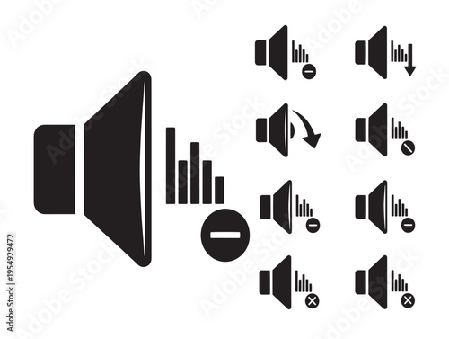 A collection of black speaker icons in various states