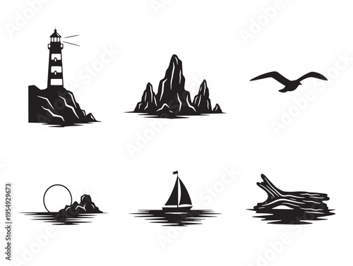 A set of nautical icons including a lighthouse and sea creatures