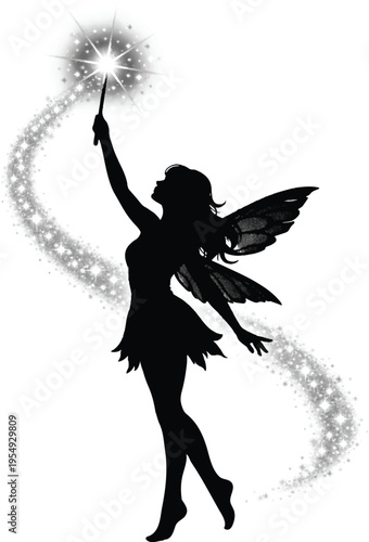Black Silhouette of a Magic Fairy with Glowing Wand and Sparkling Dust Trail Isolated on White