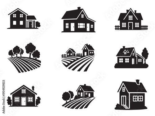 A set of black and white icons depicting farmhouses and farmland