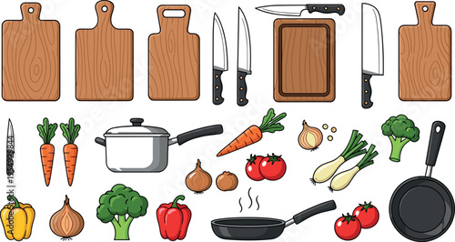 Collection of kitchen utensils cutting boards knives cookware vegetables and cooking ingredients vector illustration set for culinary design
