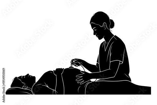 Midwife Checking Fetal Heart Rate Labor Monitoring Natural Birth Clinical Care Black Vector Silhouette