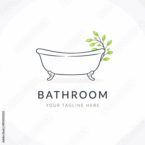 Bathroom design logo with bathtub and foliage