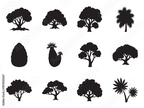 Black silhouettes of various trees and plants