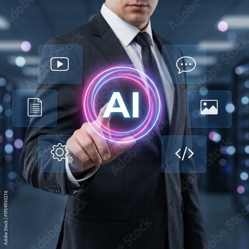 Businessman in dark professional suit in corporate setting