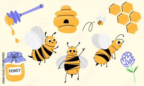 Honey bee set with beehive and honey dipper, vector garden characters