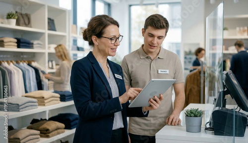 Shop assistants using a digital tablet to check inventory in a modern clothing store.