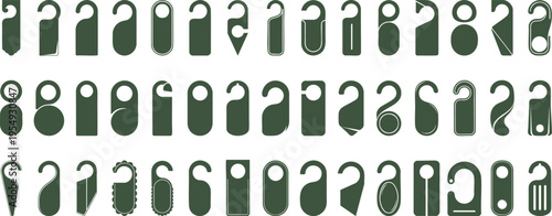 Silhouettes of door hangers mega collection, different shapes including rectangular, oval, rounded, modern and classic designs, solid color, on white background.