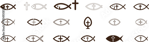 Bold Ichthys Christian fish symbol silhouette collection, hand-drawn ichthys symbol inside the fish, fish symbol ideas on white background.
