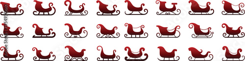 Santa's sleighs silhouette collection, including elegant swirls, spiral curls santa claus riding sleigh for icons, logos, or decorative design elements on white background.