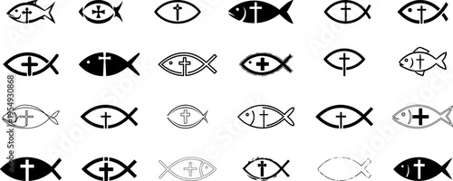 Bold Ichthys Christian fish symbol silhouette collection, hand-drawn ichthys symbol inside the fish, a simple upright black cross is placed centrally on white background.