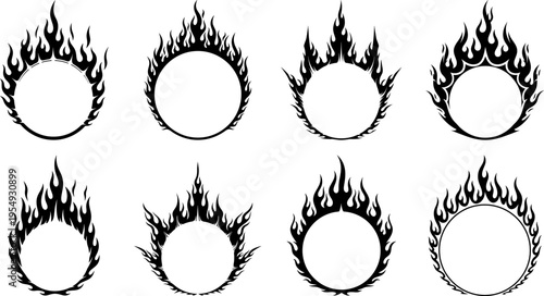 Circle surrounded by flames silhouette collection, round flames silhouette suitable for a logo or emblem on white background.