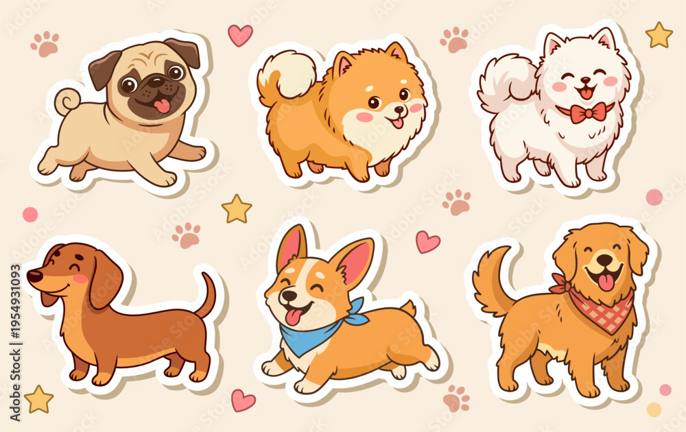 Obraz premium Cute dogs cartoon stickers set. Funny Kawaii puppies illustrations collection with different breeds.