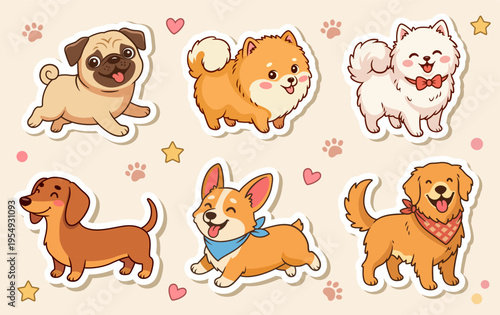 Cute dogs cartoon stickers set. Funny Kawaii puppies illustrations collection with different breeds.