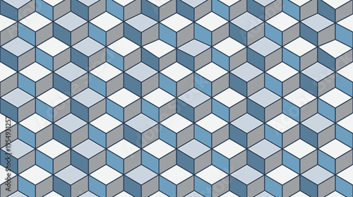 Intricate abstract geometric pattern featuring an infinite tessellation of blue and gray isometric cubes, creating a captivating three-dimensional visual background
