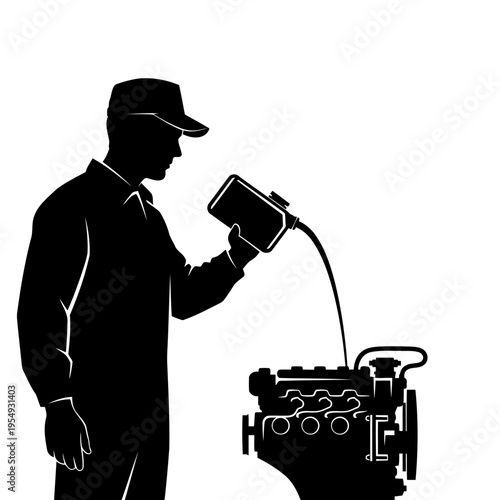 A mechanic pouring oil into an engine in a garage