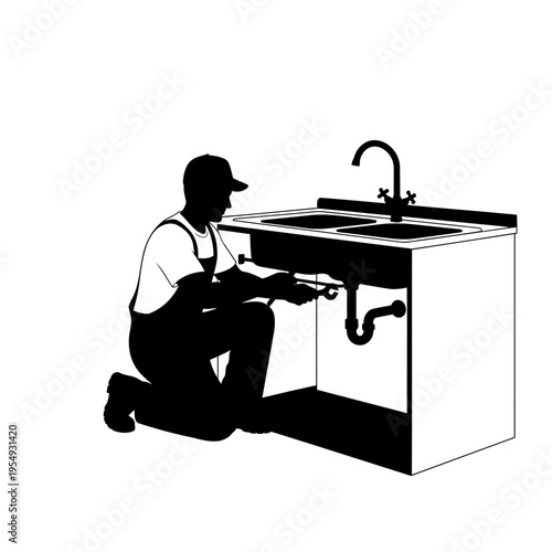 A plumber kneels under a sink to fix the pipes