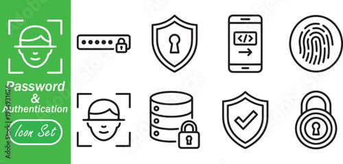 Advanced Facial Recognition and Database Security Icon Set - Cyber Authentication, Code Protection, and Biometric Privacy Symbols