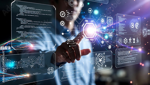 A futuristic interface of digital information with a man's hand interacting with innovative technologies. Capturing cutting-edge technology and human-computer interaction.