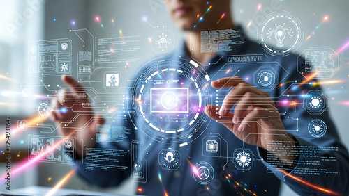 A visionary professional interacts with a holographic interface, showcasing the transformative power of technology.