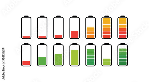 Battery icon set, battery charge level collection with battery charging icon design, modern power status symbols, energy indicator graphics, simple technology vector