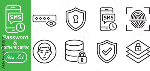 SMS Authentication and Database Security Icon Set - Cyber Protection, Biometric Login, and Data Privacy Symbols