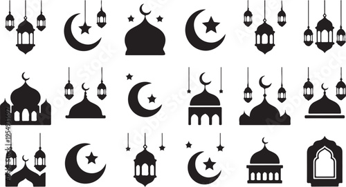 Islamic architecture and Ramadan symbols including mosques domes crescent moons stars and lanterns